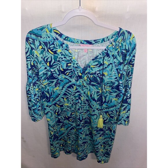 Lilly Pulitzer Tops - Lilly Pulitzer Womens Pullover Tunic Size XXS Blue Floral Flare Sleeve Party